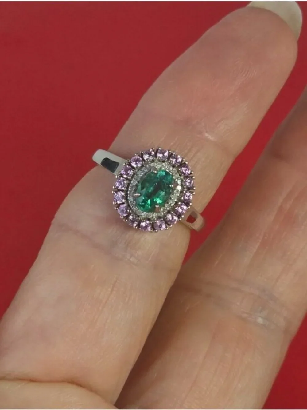 925 Sterling Silver Ring 6.5 with Natural Emerald, Sapphires & Diamonds